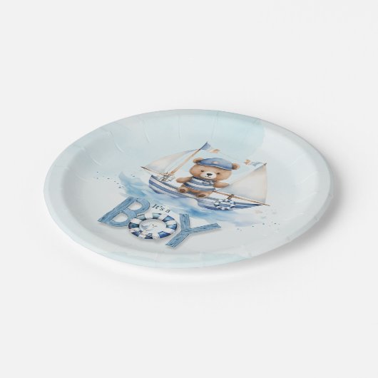 Schattige Teddybeer Nautische Boat Boy Baby shower Papieren Bordje (Gekanteld)