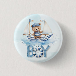 Schattige Teddybeer Nautische Boat Boy Baby shower Ronde Button 3,2 Cm