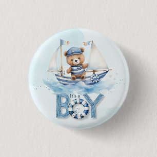 Schattige Teddybeer Nautische Boat Boy Baby shower Ronde Button 3,2 Cm