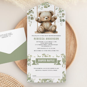 Schattige teddybeer op een schommel Eucalyptus bab All In One Uitnodiging