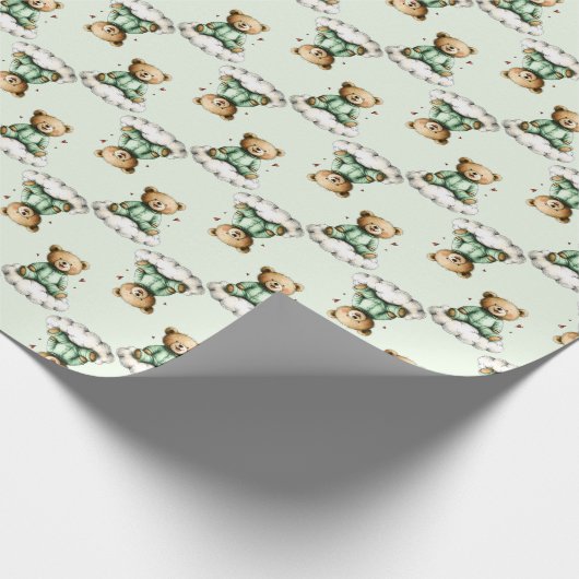 Schattige teddybeer op wolk groene pyjama cadeaupapier (Hoek)