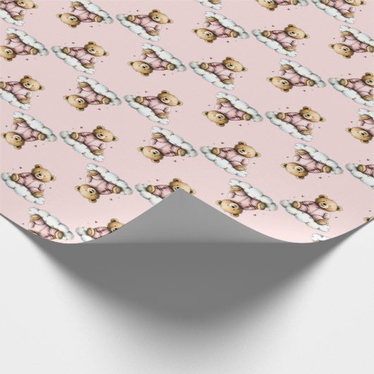 Schattige teddybeer op wolkje in roze pyjama cadeaupapier (Hoek)