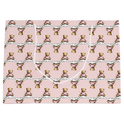 Schattige teddybeer op wolkje in roze pyjama groot cadeauzakje (Voorkant)