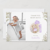 Schattige Teddybeer Paarse 1e Verjaardagsfoto Bedankkaart (Voorkant)