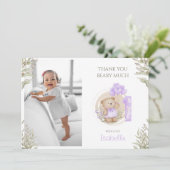 Schattige Teddybeer Paarse 1e Verjaardagsfoto Bedankkaart (Staand voorkant)