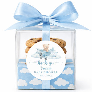 Schattige teddybeer piloot blauwe baby shower beda ronde sticker