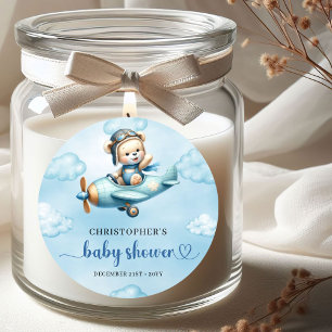 Schattige teddybeer piloot vliegtuig blauw bruin b ronde sticker