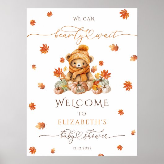 Schattige Teddybeer & pompoenen Baby shower Welkom Poster (Voorkant)
