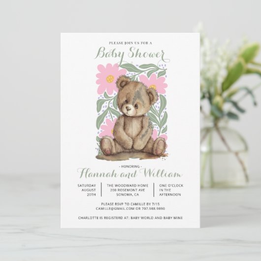Schattige teddybeer roze Baby shower Kaart (Staand voorkant)