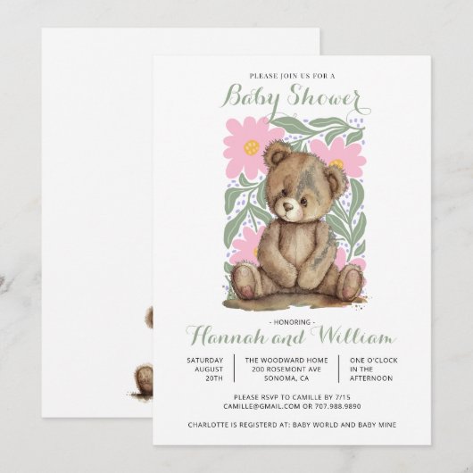 Schattige teddybeer roze Baby shower Kaart (Voorkant / Achterkant)