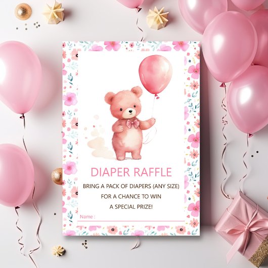 Schattige Teddybeer Roze Balloon Diaper Raffle Tic Informatiekaartje