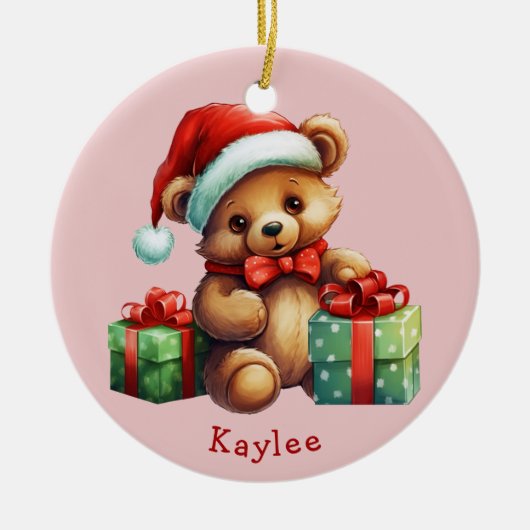 Schattige Teddybeer Santa Hat Kinder Keramisch Ornament (Voorkant)