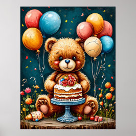 Schattige Teddybeer verjaardagsfeest met taart Poster