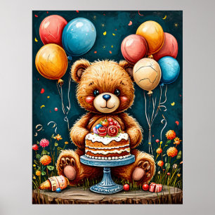 Schattige Teddybeer verjaardagsfeest met taart Poster