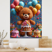 Schattige Teddybeer verjaardagsfeest met taart Poster (Keuken)