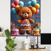Schattige Teddybeer verjaardagsfeest met taart Poster (Thuiskantoor)