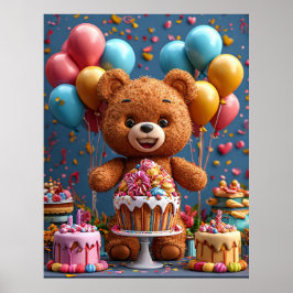 Schattige Teddybeer verjaardagsfeest met taart Poster