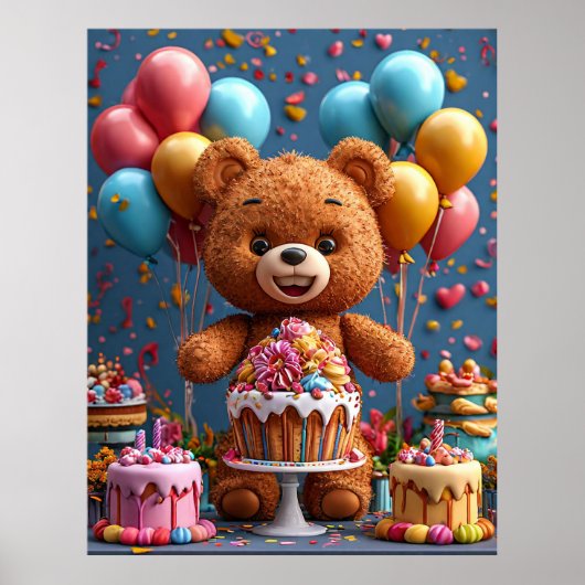 Schattige Teddybeer verjaardagsfeest met taart Poster (Voorkant)