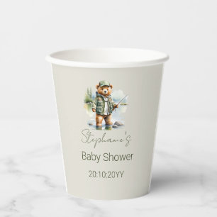 Schattige Teddybeer Visser Haspelt Opgewonden Baby Papieren Bekers