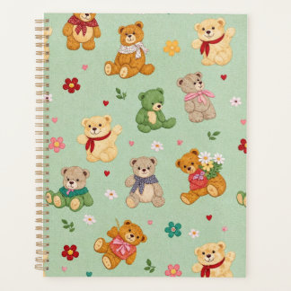 Schattige teddyberen en bloemen op mintgroen patro planner
