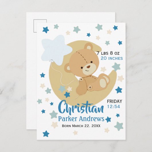 Schattige teeddy Bear Baby Birth Stats Aankondigingskaart (Voorkant / Achterkant)