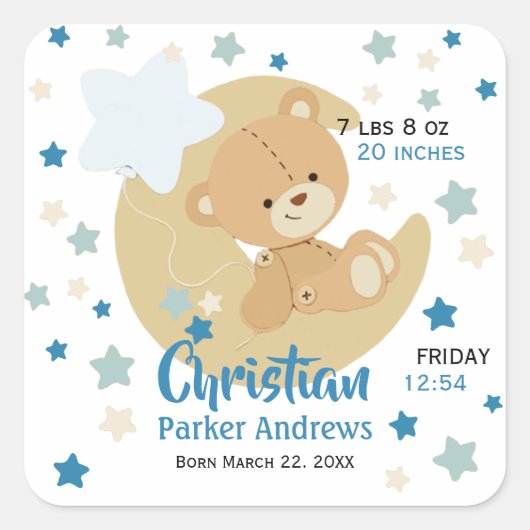 Schattige teeddy Bear Baby Birth Stats Vierkante Sticker (Voorkant)