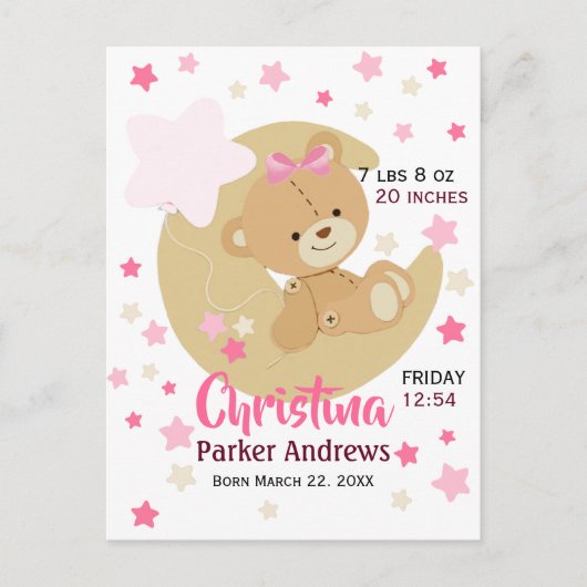 Schattige teeddy Bear Baby Girl Birth Stats Briefkaart (Voorkant)