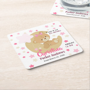 Schattige teeddy Bear Baby Girl Birth Stats Kartonnen Onderzetters