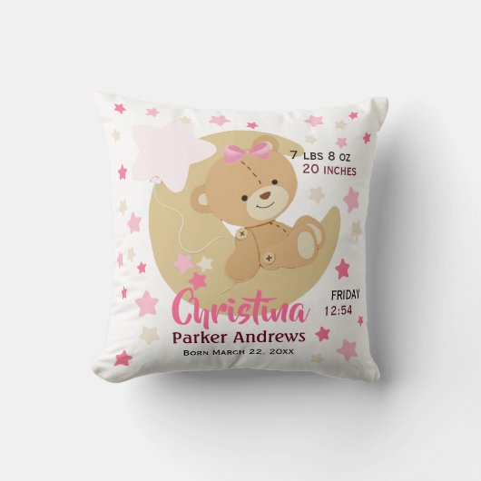 Schattige teeddy Bear Baby Girl Birth Stats Kussen (Voorkant)