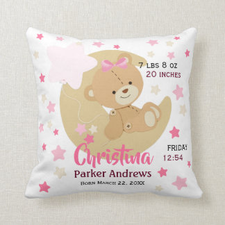 Schattige teeddy Bear Baby Girl Birth Stats Kussen