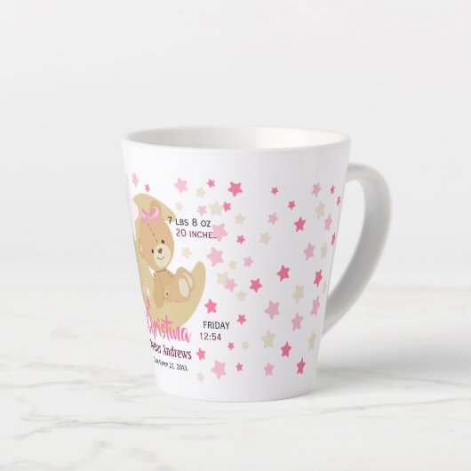 Schattige teeddy Bear Baby Girl Birth Stats Latte Mok (Rechterhoek)