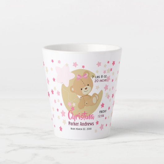 Schattige teeddy Bear Baby Girl Birth Stats Latte Mok (Voorkant)