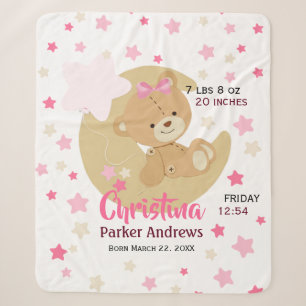 Schattige teeddy Bear Baby Girl Birth Stats Sherpa Deken