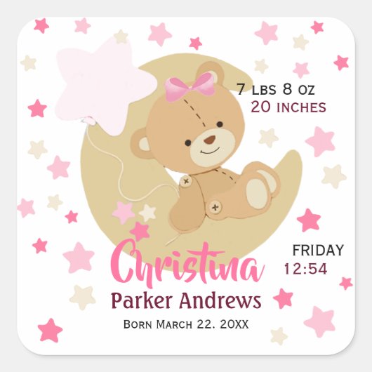 Schattige teeddy Bear Baby Girl Birth Stats Vierkante Sticker (Voorkant)