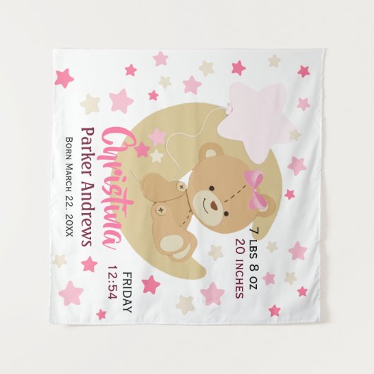 Schattige teeddy Bear Baby Girl Birth Stats Wandkleed (Voorkant (horizontaal))