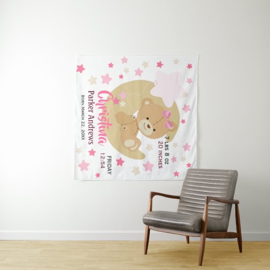 Schattige teeddy Bear Baby Girl Birth Stats Wandkleed (In Situ (horizontaal))
