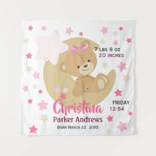 Schattige teeddy Bear Baby Girl Birth Stats Wandkleed