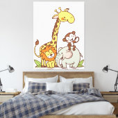 Schattige Tekenfilm Dieren – Giraffe, Leeuw & Aap Canvas Afdruk (Insitu (Slaapkamer))