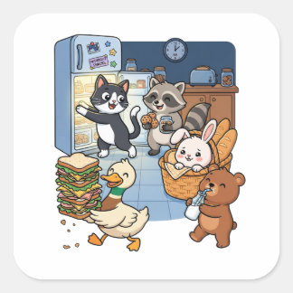 Schattige tekenfilm dieren stelen eten uit een keu vierkante sticker