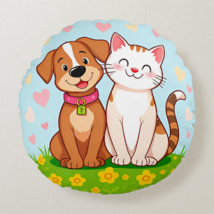 Schattige Tekenfilm Hond en Kat Samen Zittend Rond Kussen