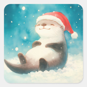 Schattige Tekenfilm Otter met Kerstman Hoed in Sne Vierkante Sticker