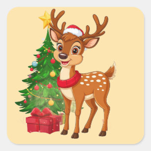 Schattige Tekenfilm Rendier in Kerstmannenhoed Vierkante Sticker