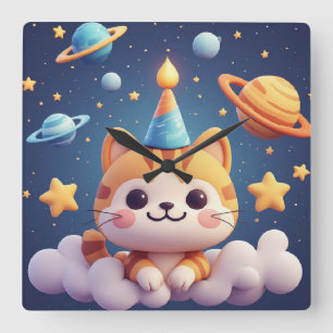 Schattige Tekenfilmkat Op Wolk Met Feestmuts Vierkante Klok