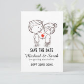 Schattige Tekening van Paar Save the Date Huwelijk (Staand voorkant)