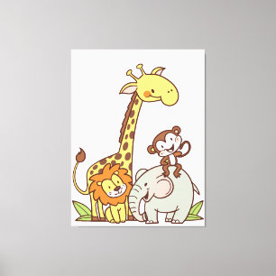Schattige Tekeningen van Dieren – Giraffe, Leeuw & Canvas Afdruk