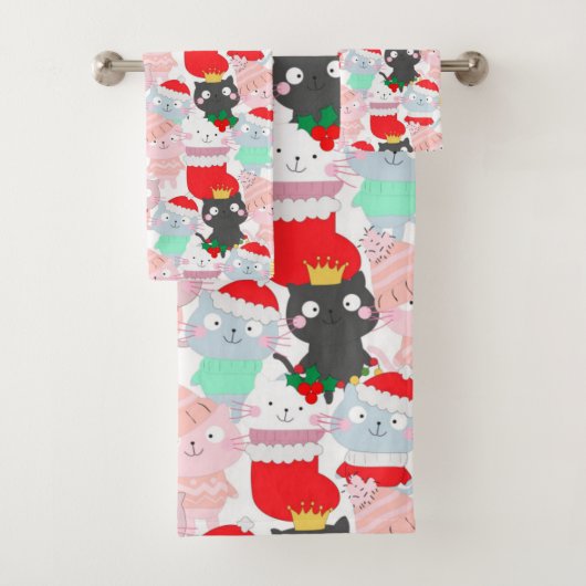 Schattige Tekentelkatten Kerstpatroon Bad Handdoek (Insitu)