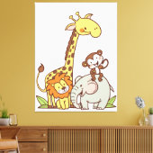Schattige Tekenteltdieren – Giraffe, Leeuw & Aap Canvas Afdruk (Insitu (Woonkamer))