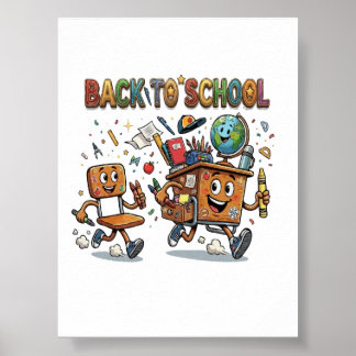 Schattige terug naar school cartoon bureau en stoe poster