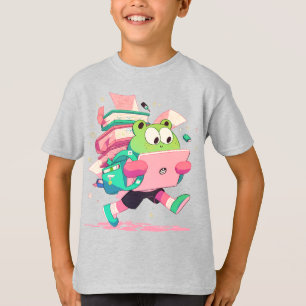 Schattige 'Terug naar school' kikker met boeken en T-shirt