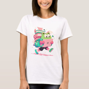 Schattige 'Terug naar school' kikker met boeken en T-shirt